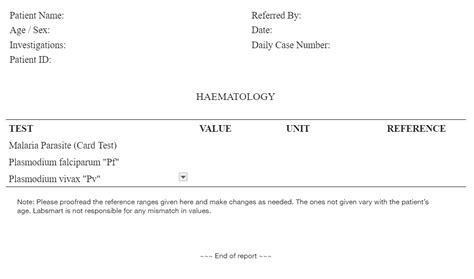 Malaria Parasite (Card Test) Report Format | MS Word & Pdf