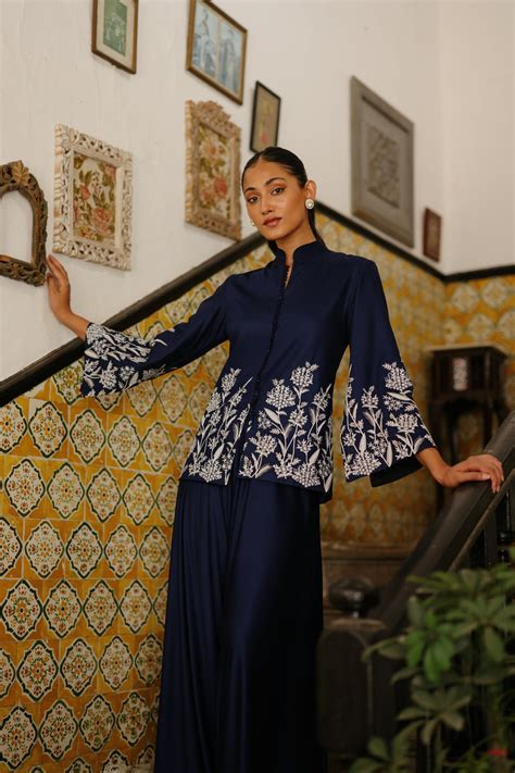 Navy Blue Embroidered Coat with Asymmetrical Pants – INCHING INDIA