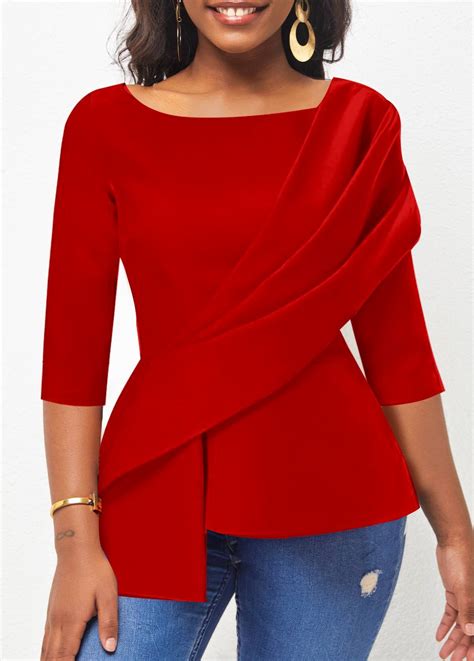 Asymmetry Red 3/4 Sleeve Boat Neck Blouse | Women blouses fashion ...