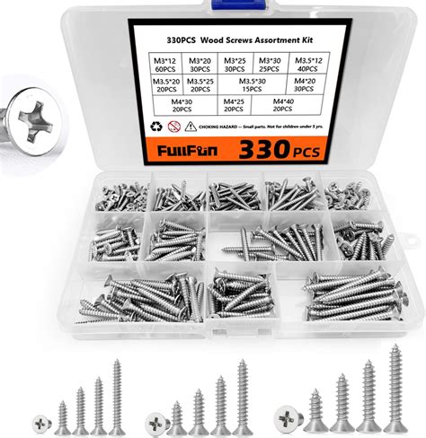 FullFun 330PCS Wood Screws Assortment Kit, M3 M3.5 M4 Stainless Steel Drywall Screws, Philips ...