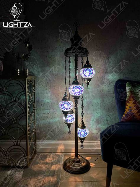 Blue Flower Turkish Moroccan Mosaic Handmade 5 Globes Floor Lamp - Lightza