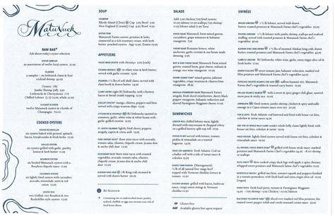 Menu at Matunuck Oyster Bar, South Kingstown, 629 Succotash Rd