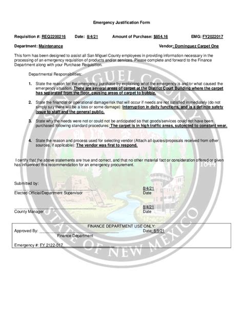 Fillable Online Emergency Justification Form Requisition #: REQ2200216 ...