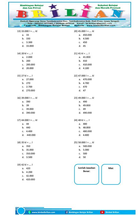 Kumpulan Soal Perubahan Satuan Kiloliter dan Liter - Bimbel Brilian