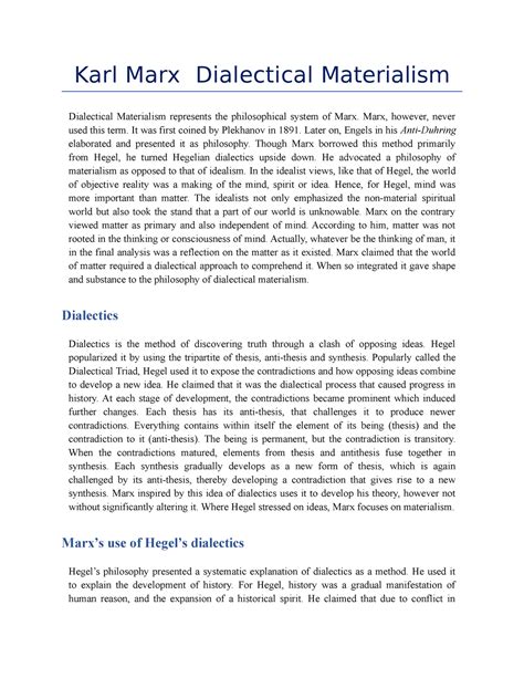 Karl Marx Dialectical Materialism - Karl Marx Dialectical Materialism ...