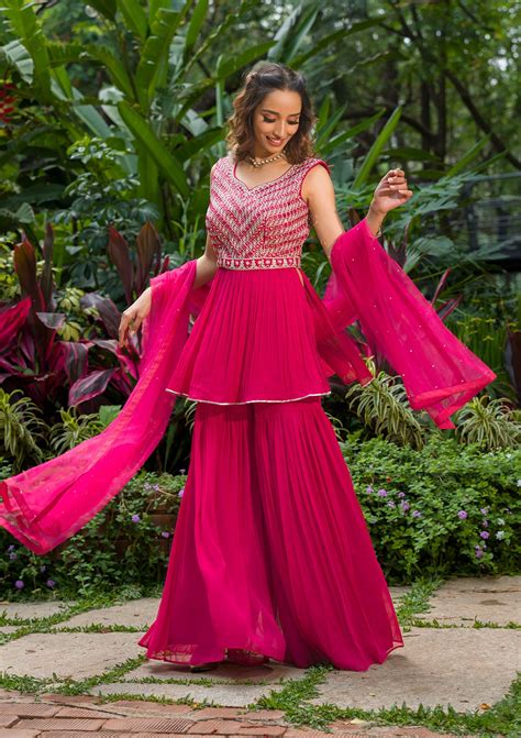 Buy Rani Pink Mirrorwork Georgette Readymade Sharara Suit - Koskii