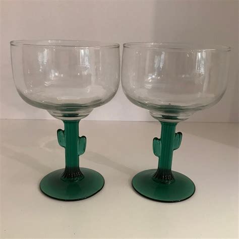 Large Vintage Cacti Design Margarita Glasses, Two Margarita Glasses ...