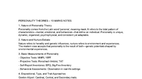 PSY 101: Personality Theories - 10 Marks Notes - Studocu