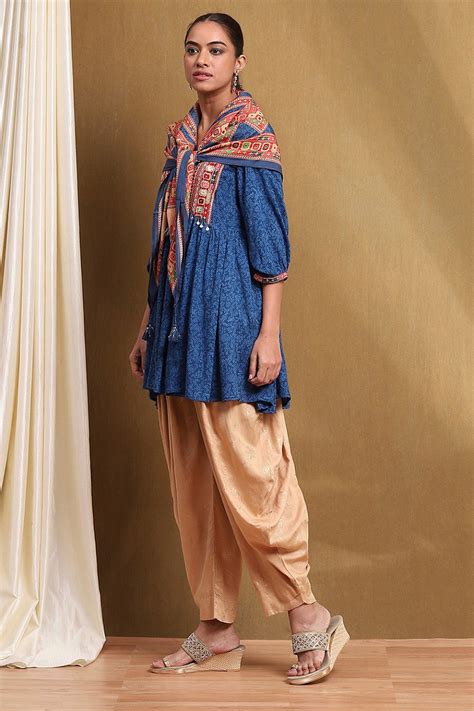 Blue and Beige Embroidered Peplum Kurta Set at Biba India