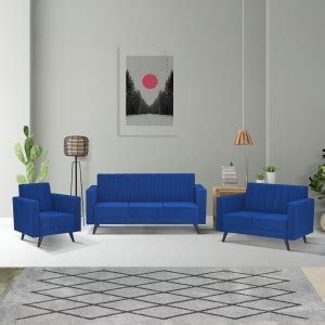 ARRA Grior Quilted Back 6 Seater Sofa Set Blue Color Fabric 3 + 2 + 1 ...