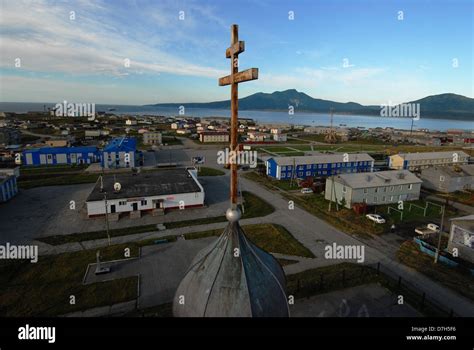 Panoramic view with a cross on Russian orthodox church on the streets ...