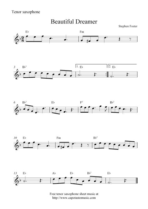 Beautiful Dreamer, free tenor saxophone sheet music notes