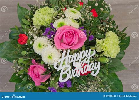 Flower Bouquet with Text Happy Birthday Stock Image - Image of bright ...