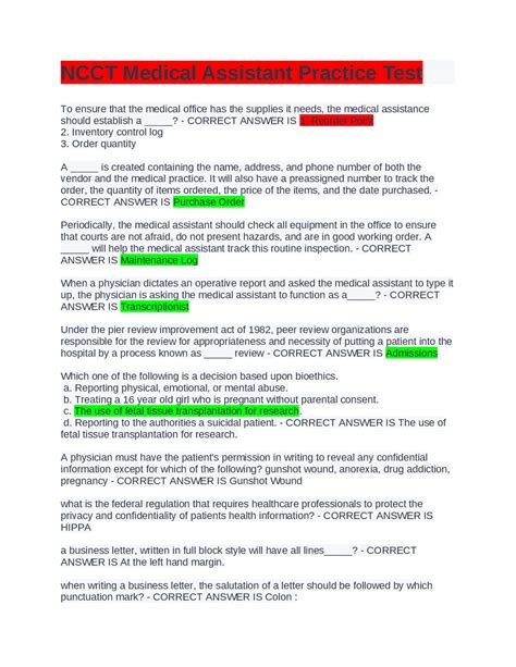 NCCT Medical Assistant Practice Test | Exams Nursing | Docsity