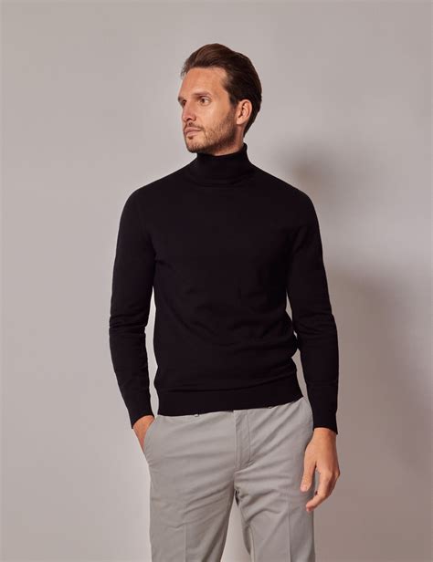 Men's Black Roll Neck Merino Sweater - Machine Washable | Hawes & Curtis
