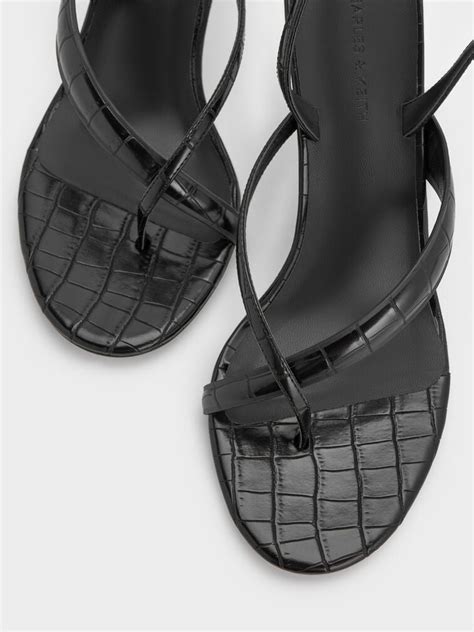Animal Print Black Croc-Effect Stiletto Slingback Thong Sandals ...