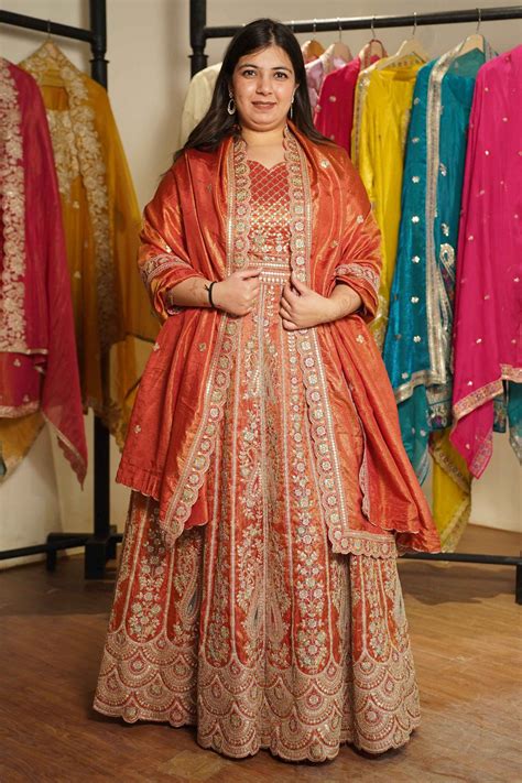 Mehzara Rust Tissue Zari Embroidered Dress - Apella