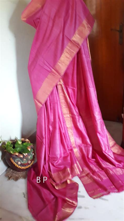 Pink KK Block Printed Zari Border Pure Silk Mark Certified Tussar Silk ...