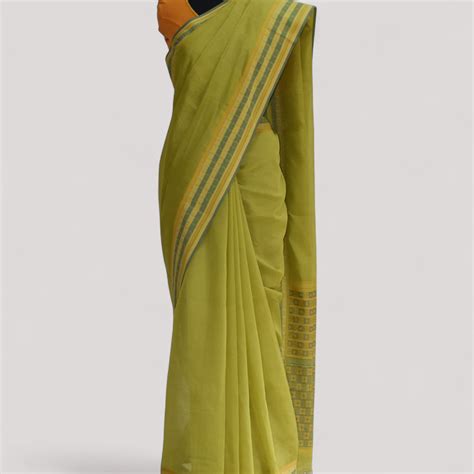 Olive Green - Floral Organic Cotton Saree – Ethicus