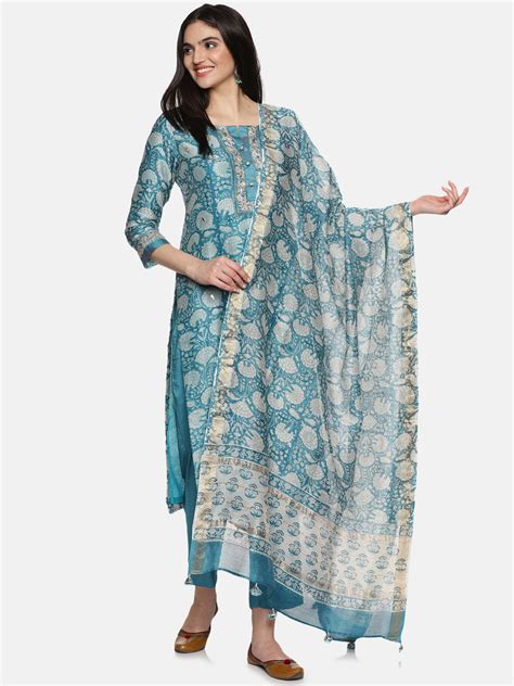BLUE BLOCK PRINT KURTA SET IN CHANDERI – Jaipuri Banno