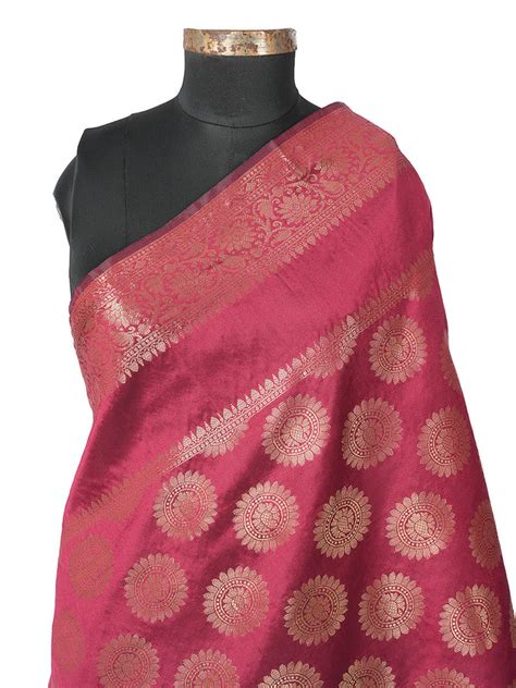 Maroon Banarasi Silk Dupatta with Woven Butti Motifs & Zari Border (Si ...