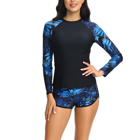Penkiiy Women Two Piece Rash Guard Long Sleeve Swimsuits Sets Cropped ...
