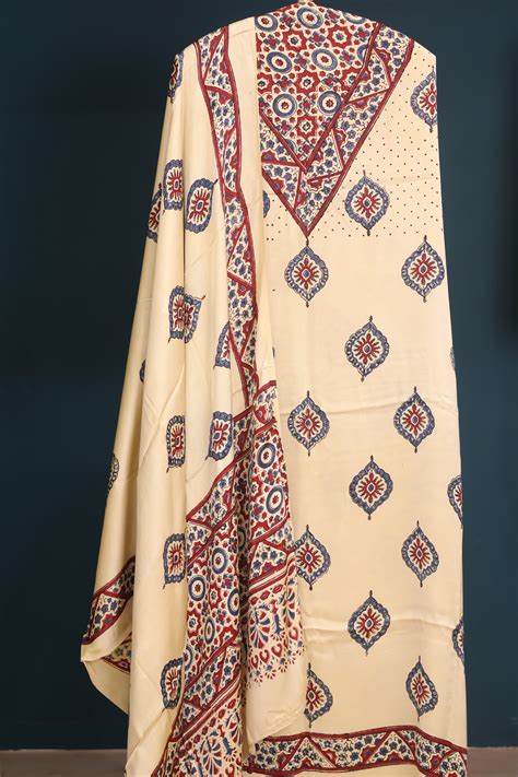 Cream Handblock printed Ajrakh modal silk 2 piece suit set – Looms ...