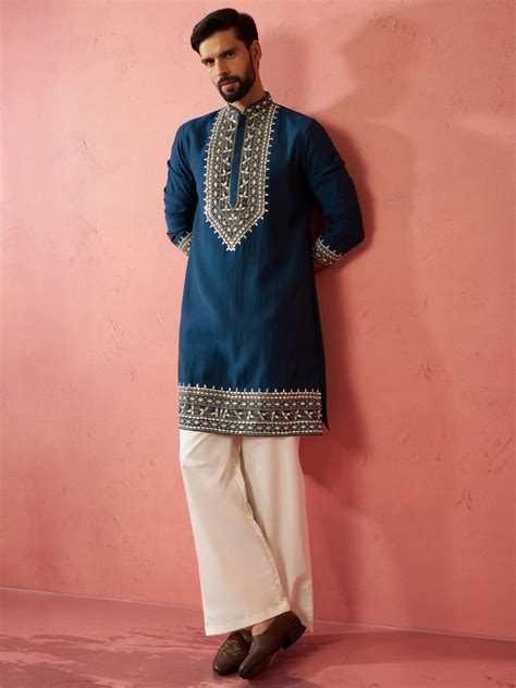 Men's Turquoise Chanderi Kurta Set with Cream Pant – vastramay