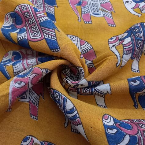 Medallion Yellow Elephant Motif Printed Cotton Fabric