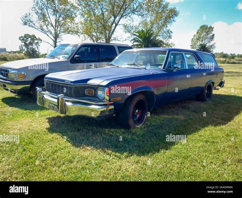 Old blue AMC Matador station wagon 1975 - 1968 in the countryside. Nature, grass, trees. Classic ...