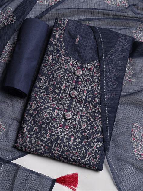Neck Embroidered Cotton Blend Unstitched Suit With Dupatta – mbz.in
