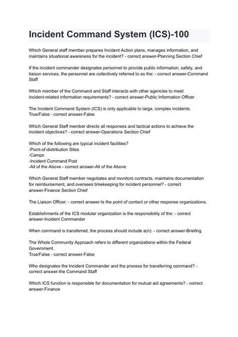 Incident Command System (ICS)-100 Questions with correct answers - ICS ...