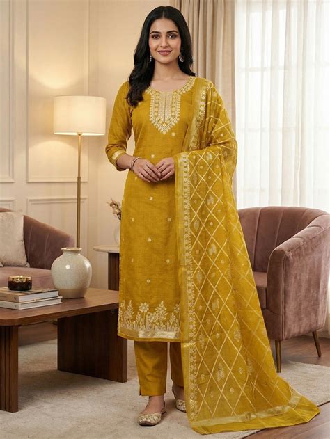 Premium Mustard Floral Weaving Chanderi Silk Dress Material With Intri