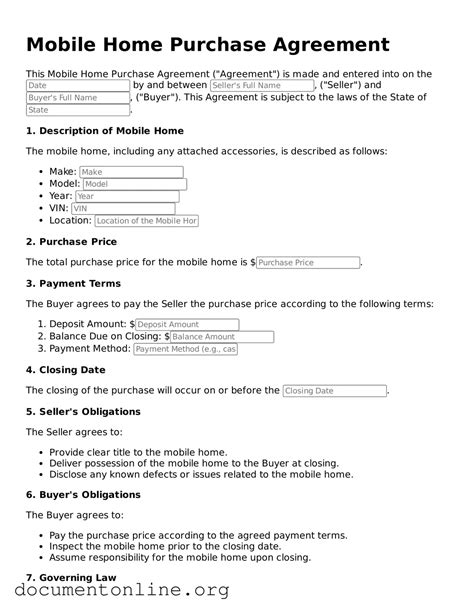 Free Mobile Home Purchase Agreement Forms ≡ Blank PDF Template