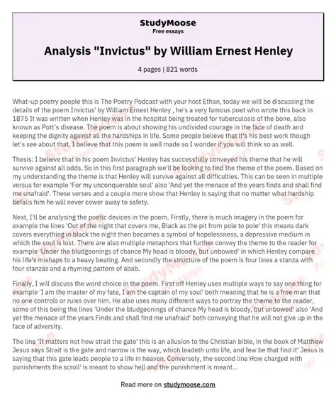 Analysis "Invictus" by William Ernest Henley Free Essay Example