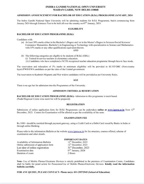 IGNOU B. EdJanuary 2024 Admission announcement. | MahitiGuru
