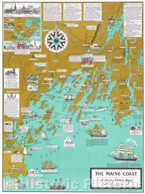 Historic Map : The Maine Coast, a Map of Casco Bay, 1960 , Vintage Wall ...