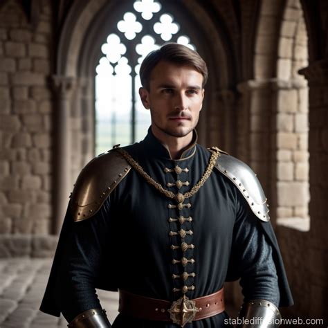 medieval noble man with short hair wearing tunic in castle interior ...