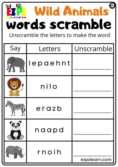 Wild Animals Word Scramble Worksheet Set 2 For kids and ESL PDF ...