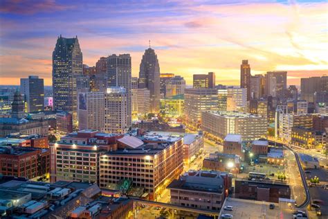 Detroit skyline at sunset, showcasing urban landscape with modern skyscrapers and vibrant city lights, relevant for managed IT services in Pennsylvania.