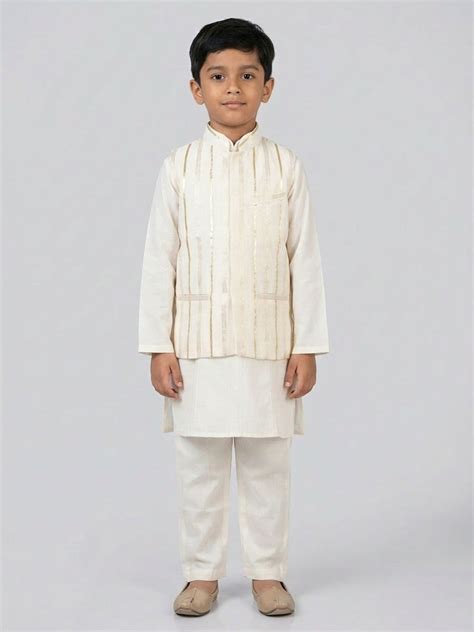 Shop Biglilpeople Boys Ivory Kurta Pyjama Set with Nehru Jacket Online