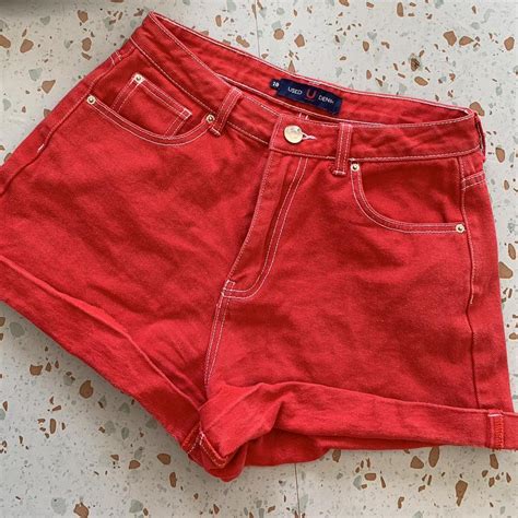 ‘Used Denim’ red denim mini shorts with white... - Depop