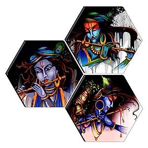 SAF paintings Lord Krishna 3 Piece of Hexagon UV Textured Multi-Effect ...