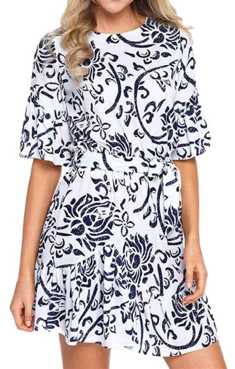 cfzsyyw Womens Dresses Floral Print Short Sleeves Ruffle Hem Mini ...