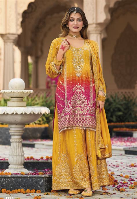marriage partywear shaded yellow sharara suit