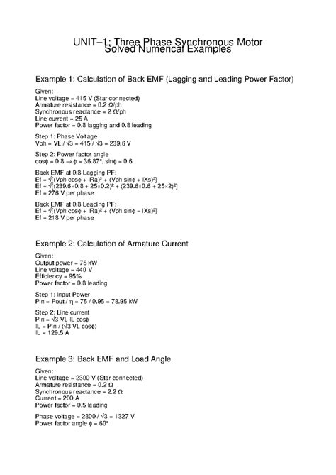Synchronous Motor Solved Examples: Three Phase Calculations - Studocu