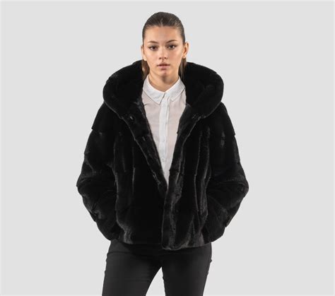 Horizontal Layer Black Mink Fur Jacket With Hood- 100% Real Fur - Horizontal Layers
