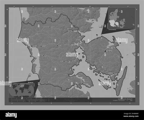 Syddanmark, region of Denmark. Bilevel elevation map with lakes and rivers. Locations and names ...