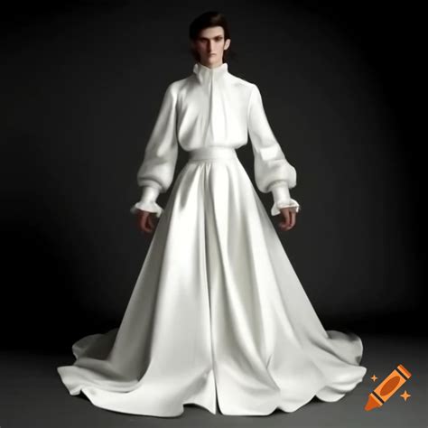 Full length portrait of young man in elegant white gown with lace ...