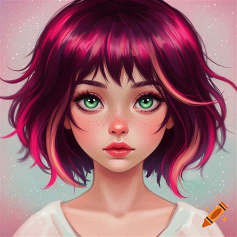 Girl with dark red hair, blond highlights, and green eyes on Craiyon